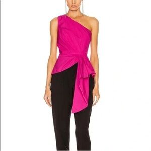 Self-Portrait Blouse One Shoulder Cotton Poplin Peplum in Fuchsia Pink